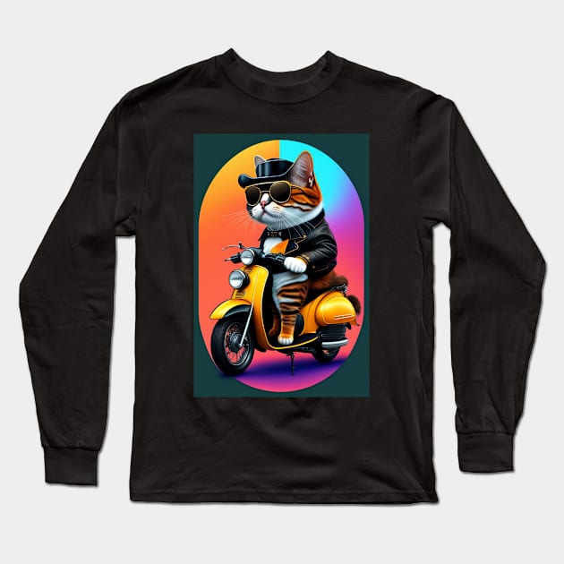 Funny cute cat drive motorcyrcle graphic design artwork Long Sleeve T-Shirt by Nasromaystro